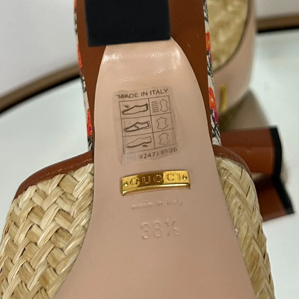GUCCI Mabel Leather-trimmed Raffia Mules in Beige Size 8.5US / 38.5EU